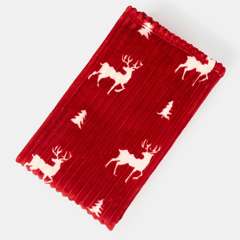 image 1 of OHS Christmas Stag Ribbed Sherpa Fleece Reverse Soft Warm Blanket Throw, Red - 125x160cm