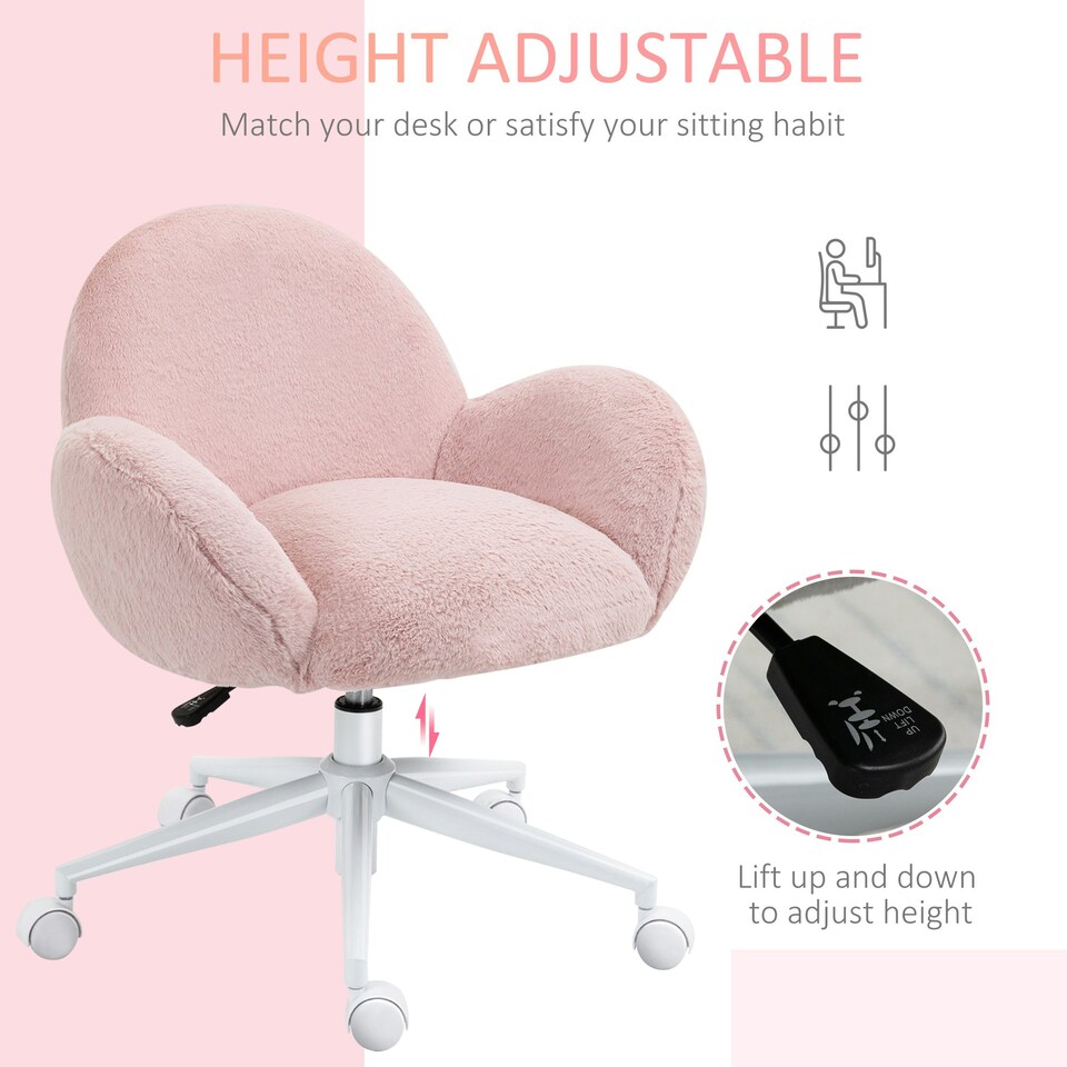 image 1 of HOMCOM Fluffy Leisure Chair Office Chair with Backrest Armrest Wheels Pink