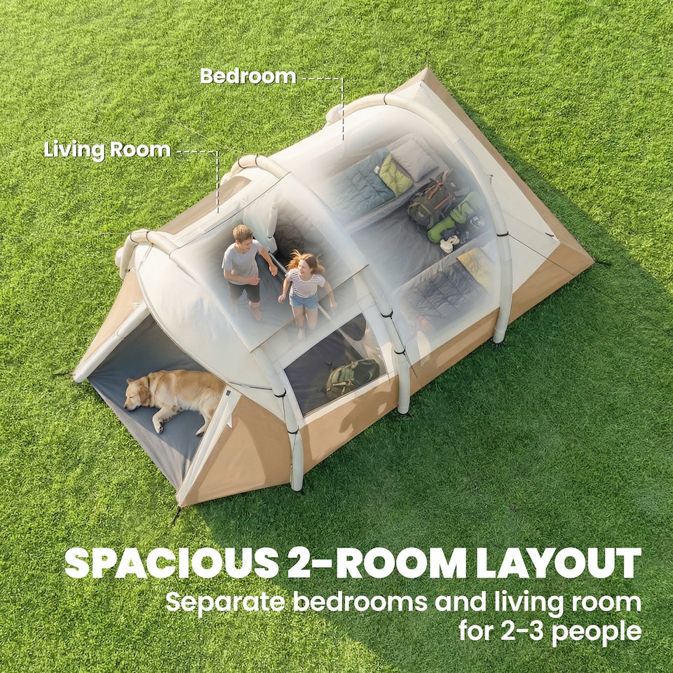 image 1 of Outsunny Inflatable Camping Tent w/ Air Pump, 2-3 Person Blow Up Tent | Brown | Khaki, Beige | 480 x 280 x 195 cm