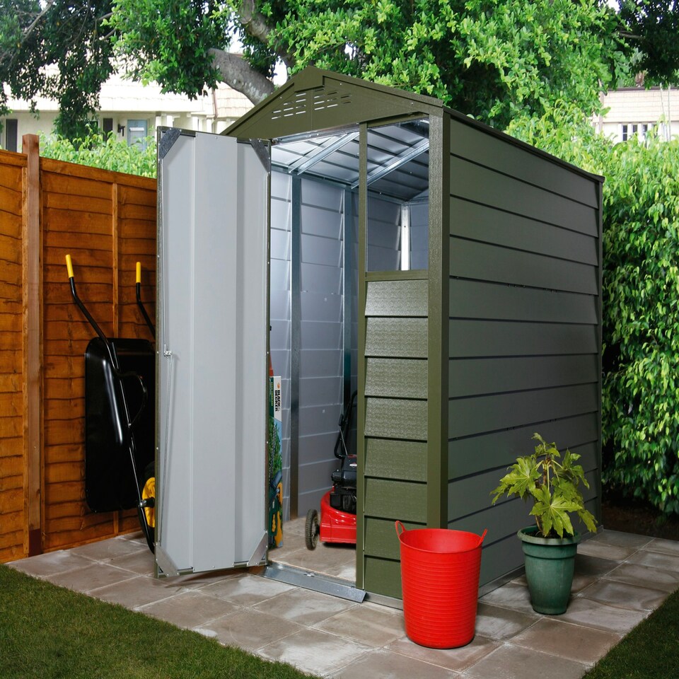 image 1 of 6 x 6 ft Trimetals Titan 660 Apex Roof Metal Shed - Single Door - One Window Green