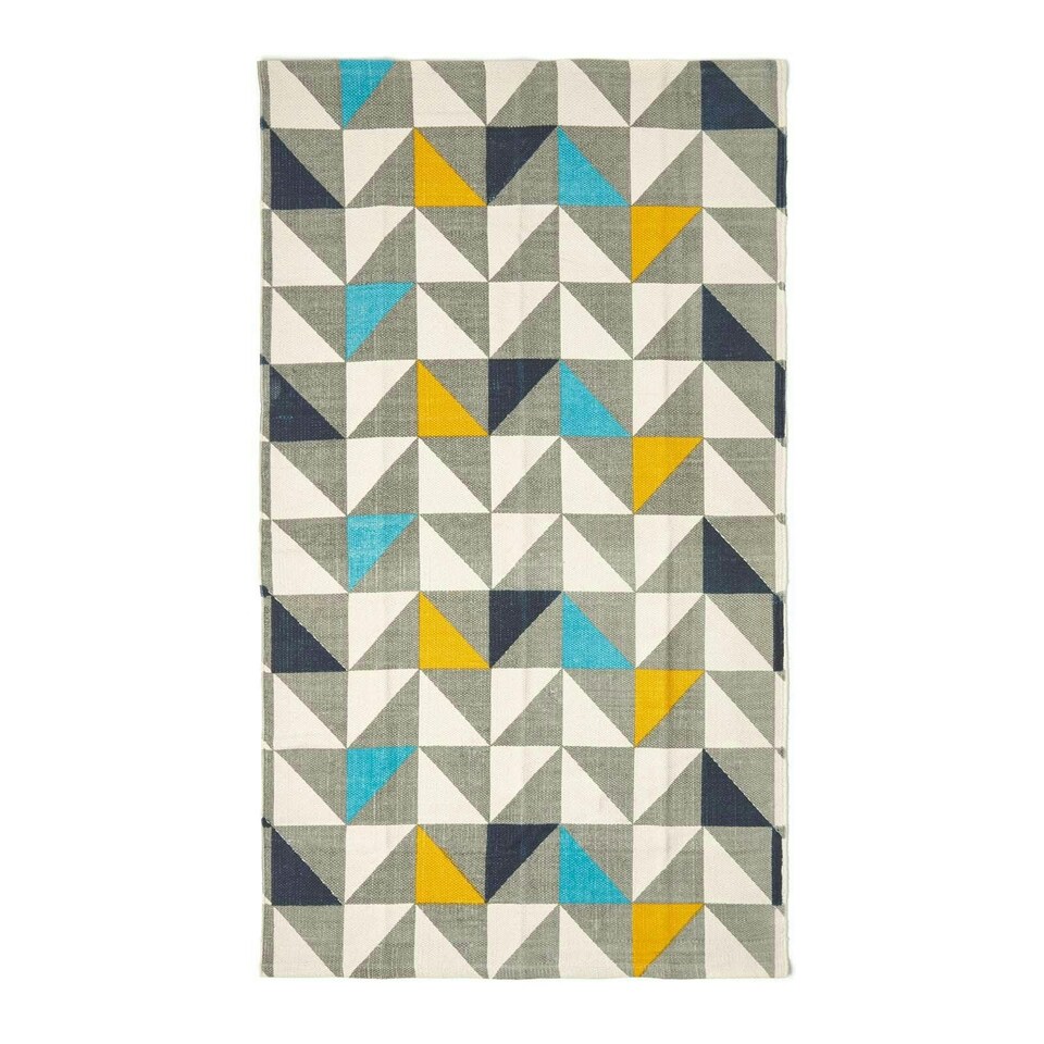 image 1 of Homescapes Copenhagen Blue, Yellow and Grey Cotton Geometric Style Scandi Printed Rug - 120 x 170 cm | Multi | White, grey, blue, yellow and black