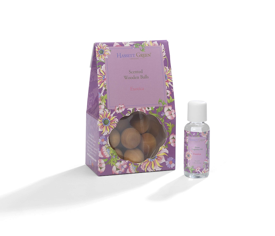 image 1 of Hassett Green London - Exotica Pear & Melon - Scented Wooden Balls Pack of 12 plus 30ml Bottle of Home Fragrance Oil for Refreshing - Alternative to Pot Pourri & Scented Diffusers