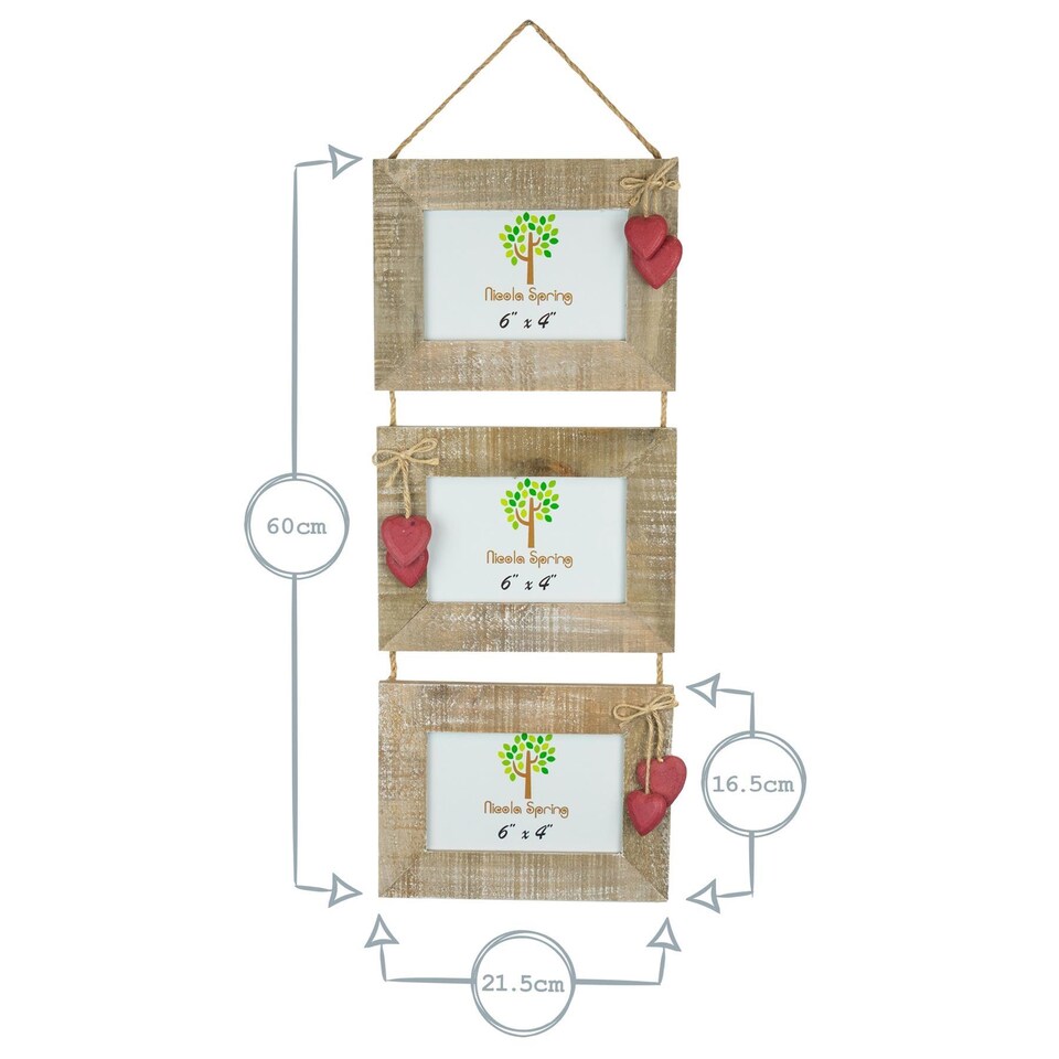 image 1 of Nicola Spring Rustic Red Hearts Hanging 3 Photo Frame - 6 x 4" - Natural