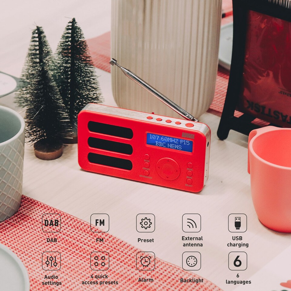 image 1 of Portable DAB, DAB+, FM Radio Alarm Clock with Built-In Rechargeable Battery + RDS, DRC, Prune & AUX Output - August MB225R