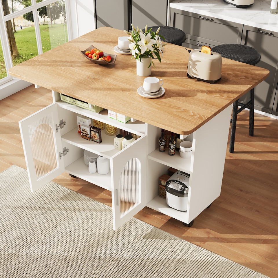image 1 of VILUXE Kitchen island, kitchen cabinet, removable serving trolley, buffet cabinet, dining trolley with wood grain, buffet cabinet, multifunctional dining table with storage space, White
