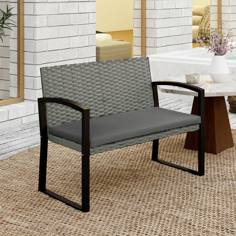 image 1 of Outsunny 2 Seater Rattan Garden Bench with Cushion, Steel Frame, Light Grey