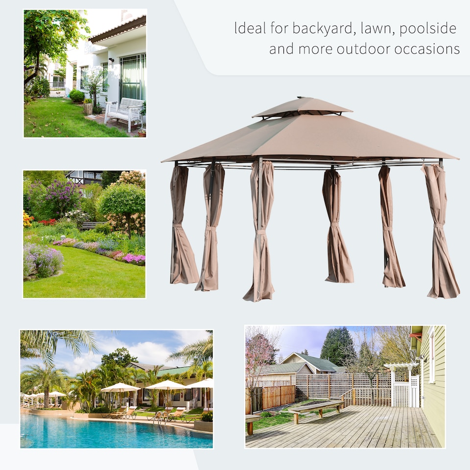 image 1 of Outsunny 4 x 3m Outdoor Gazebo Canopy Party Tent Garden Pavilion Patio Shelter wLED Solar Light, Double Tier Roof, Curtains, Steel Frame, Khaki