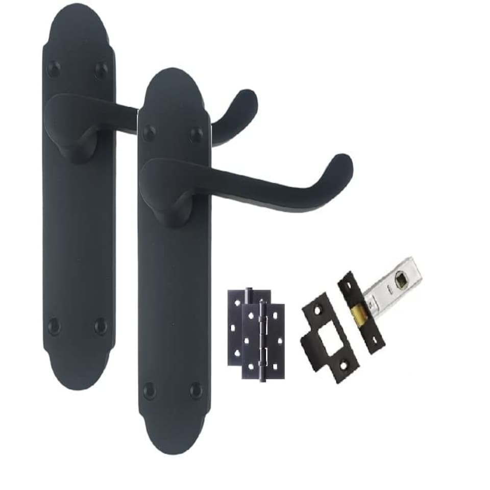 image 1 of Golden Grace 4 Sets Victorian Scroll Design Door Handles Lever on Shaped Backplate in Matt Black - Latch Door Pack with Ball Bearing Hinges Black