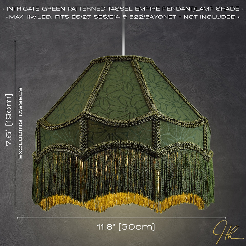 image 1 of Classic Victorian Style Empire Pendant Shade in Forest Green Fabric with Tassels | Green