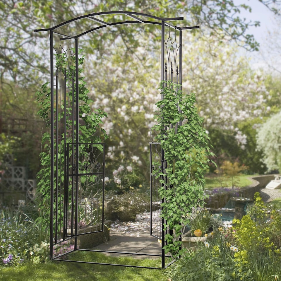 image 1 of Outsunny Garden Entrance Arch Bench Outdoor Patio Rose Trellis Climbing Plant