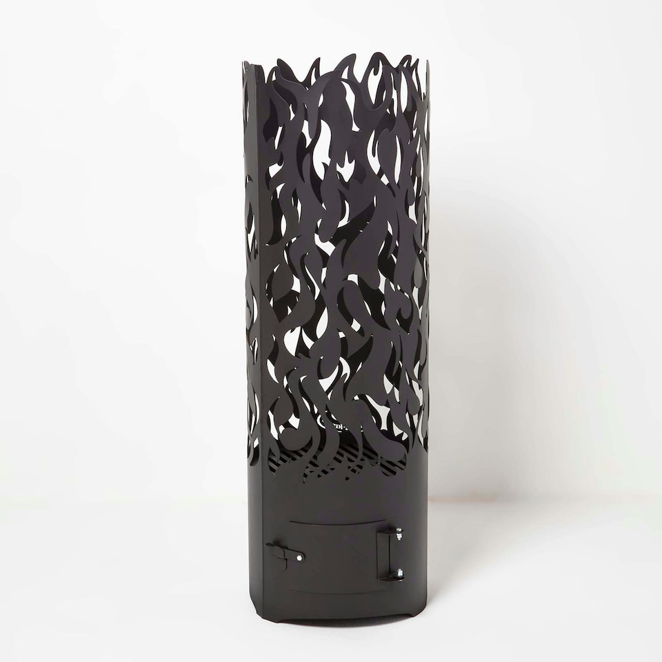 image 1 of Homescapes Large Black Fire Drum with Laser Cut Design, 1.2m Tall