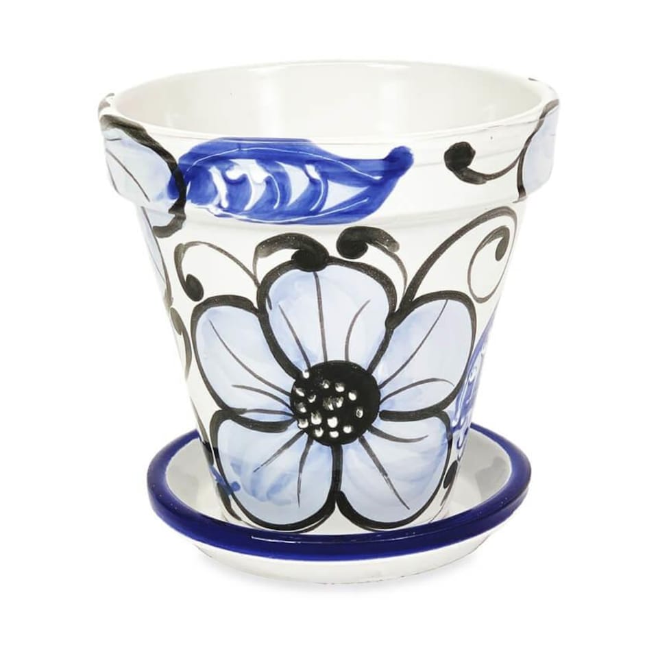 image 1 of Verano Spanish Ceramics Set of 3 Plant Pots & Drainage Plates - 16-29cm Blue Flower