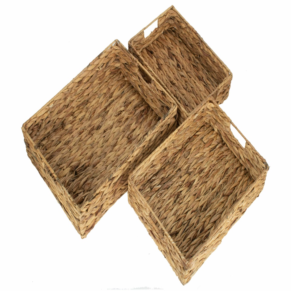 image 1 of Water Hyacinth Shallow Rectangular Storage Basket Set 3 Brown
