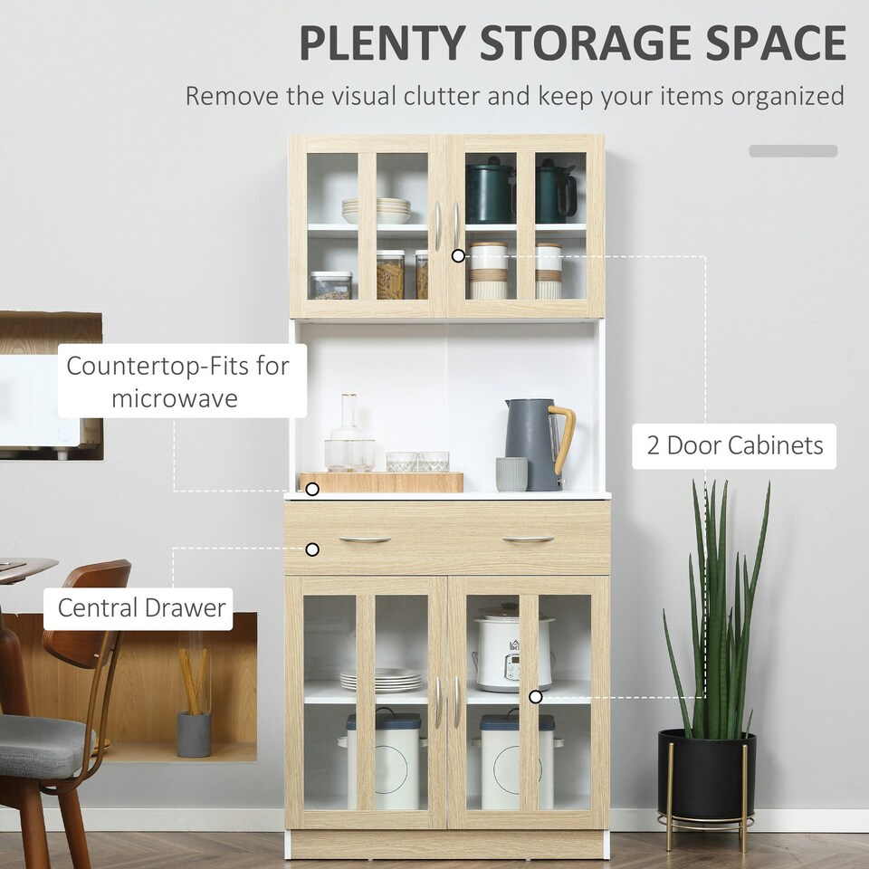 image 1 of HOMCOM 1.8m Kitchen Cupboard,Storage Cabinet, Framed Glass Doors with Shelves