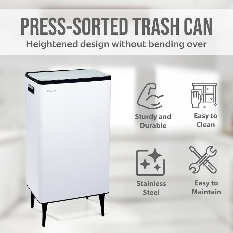 image 1 of 60L Dual Compartment Kitchen Waste Bin White Rubbish Waste Separator with Press Top Lid