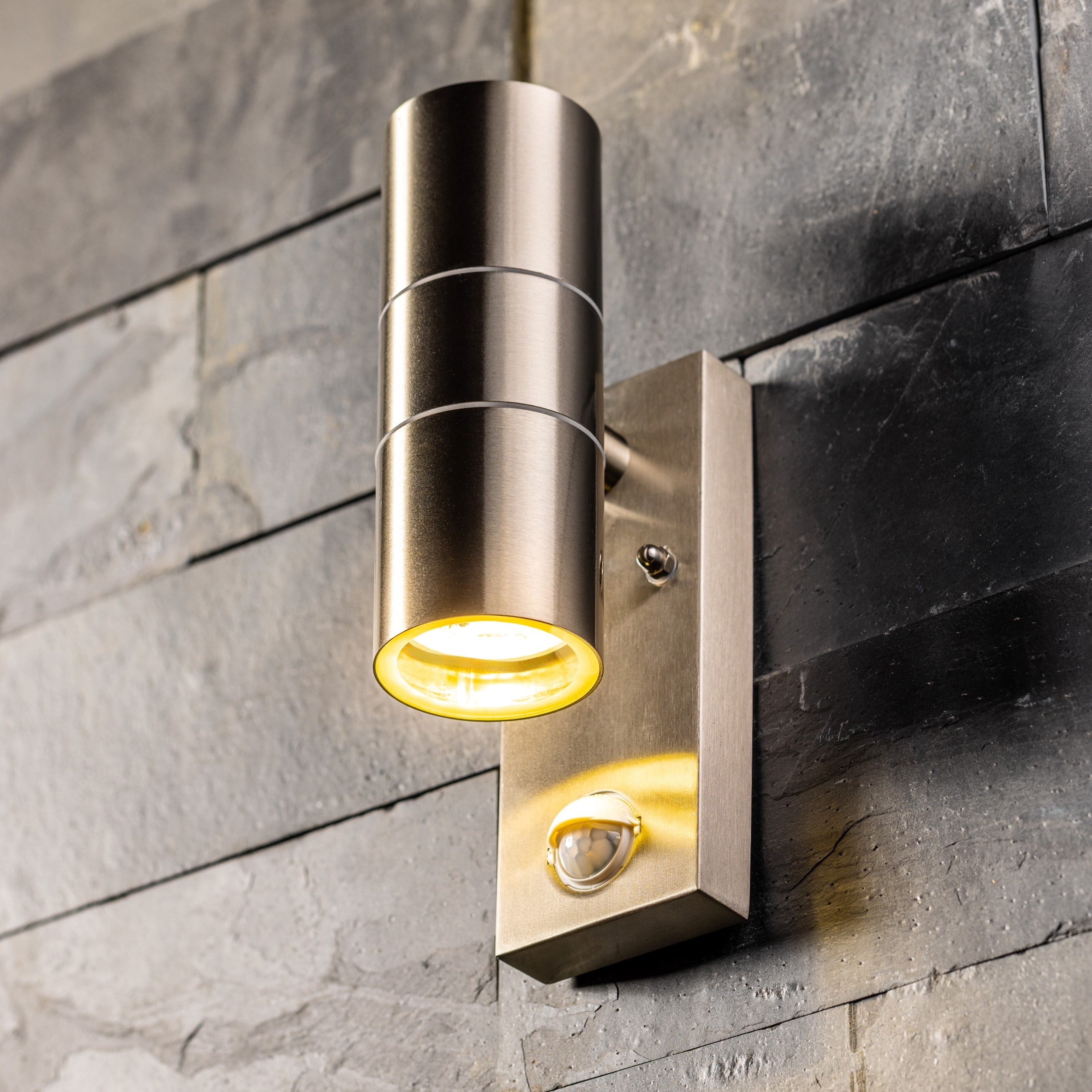 CGC Lighting Alesha Stainless Steel GU10 Up and Down Outdoor Wall Light with PIR Motion Sensor IP44 Multi Grey / silver Height: 22 cm, Width: 6.9 cm,