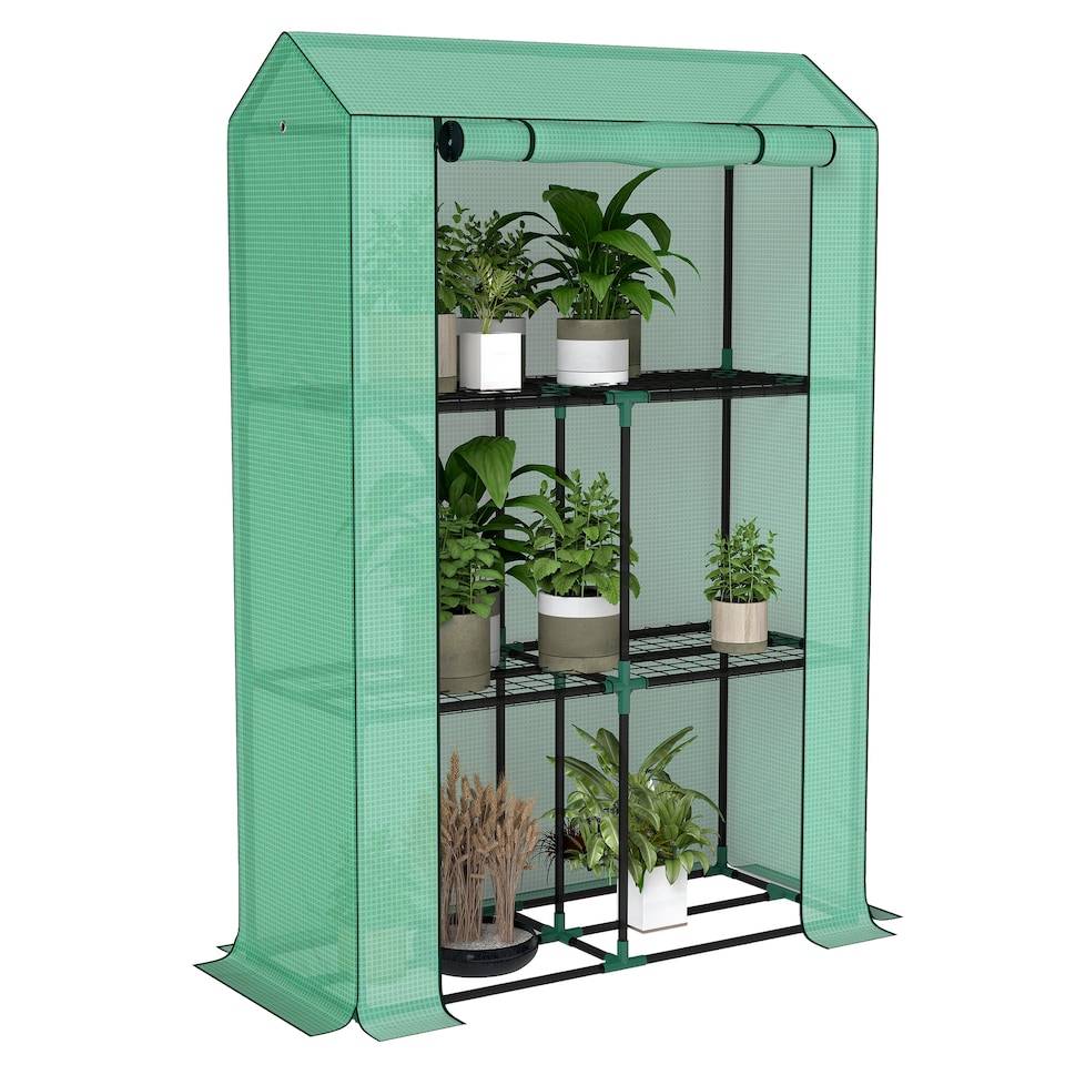 image 1 of Outsunny 3 Tier Mini Greenhouse with PE Cover, Roll-Up Door, Green