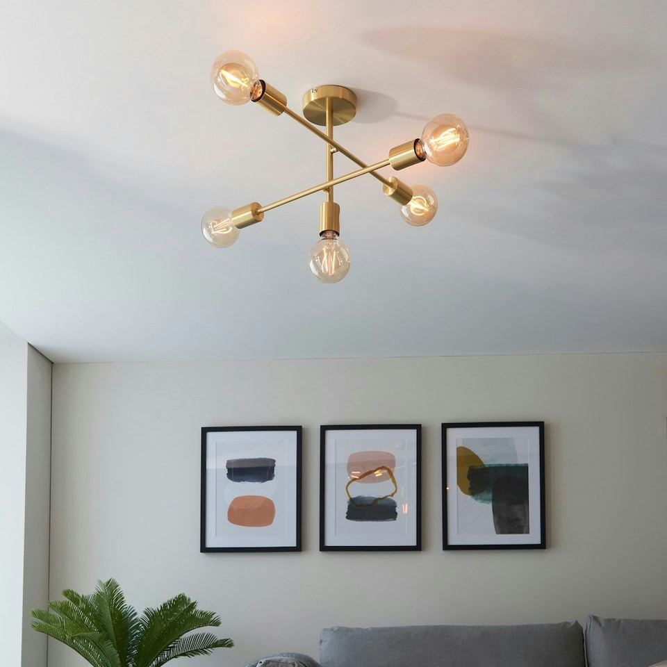 image 1 of Studio Multi Arm Lamp Semi Flush Ceiling Lamp, Satin Brass Plate