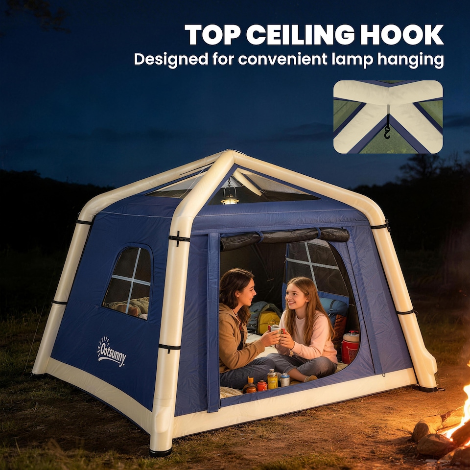 image 1 of Outsunny Inflatable Camping Tent, 2 Man Tent, Dark Blue | Blue | Dark blue | 210 x 210 x 160 cm