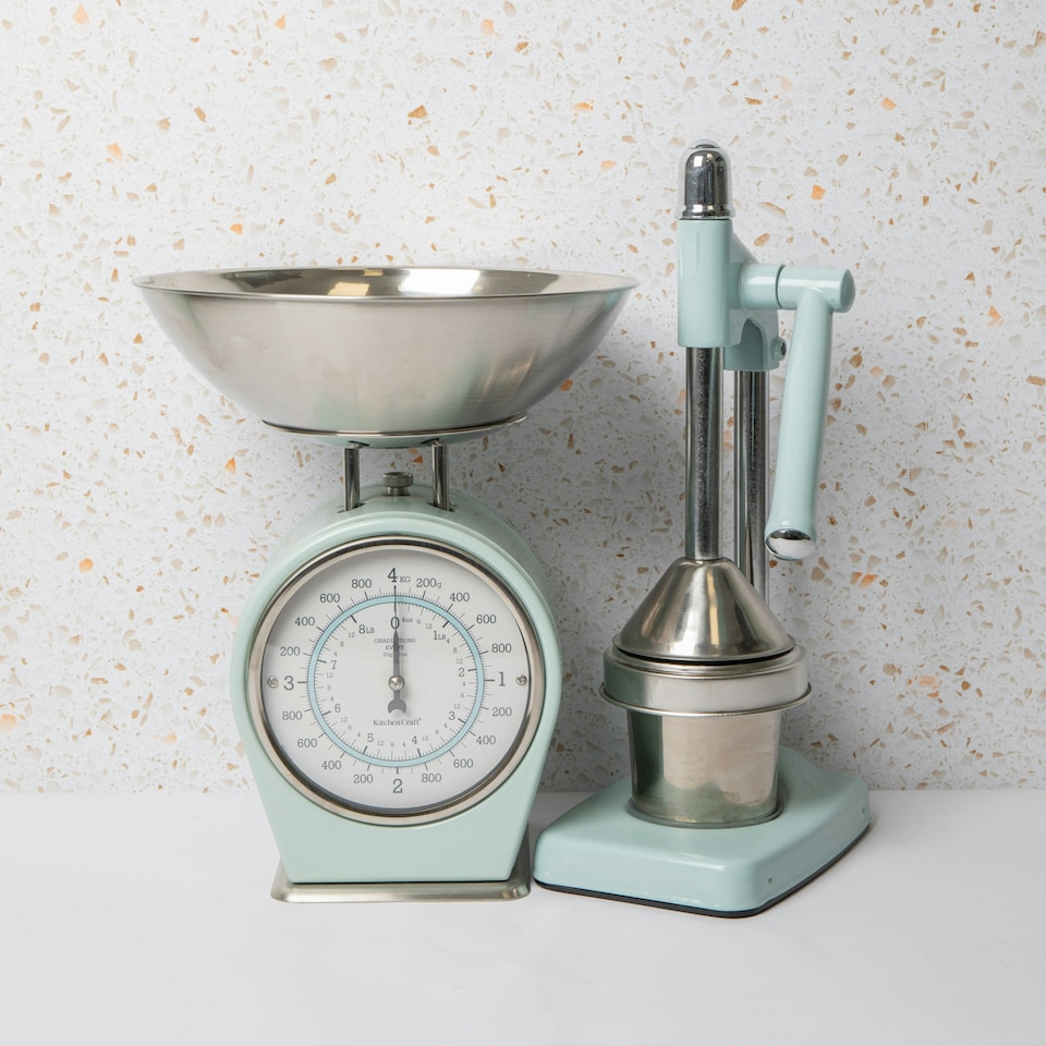 image 1 of 2pc Vintage Blue Heavy Duty Kitchen Set including Mechanical Scales and Heavy-Duty Lever-Arm Juicer