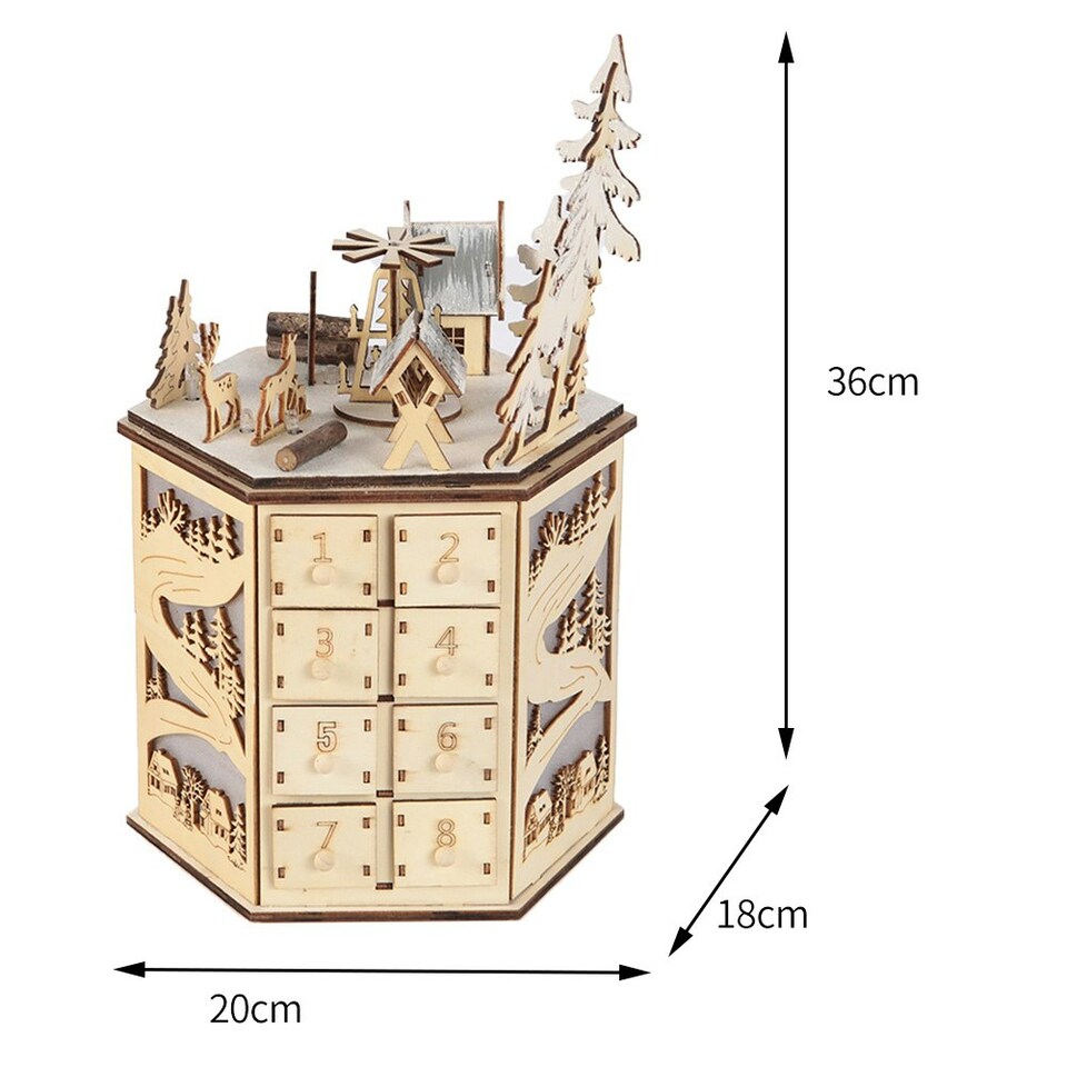 image 1 of Living and Home LED Rotating Countdown Calendar Wooden Music Box for Christmas