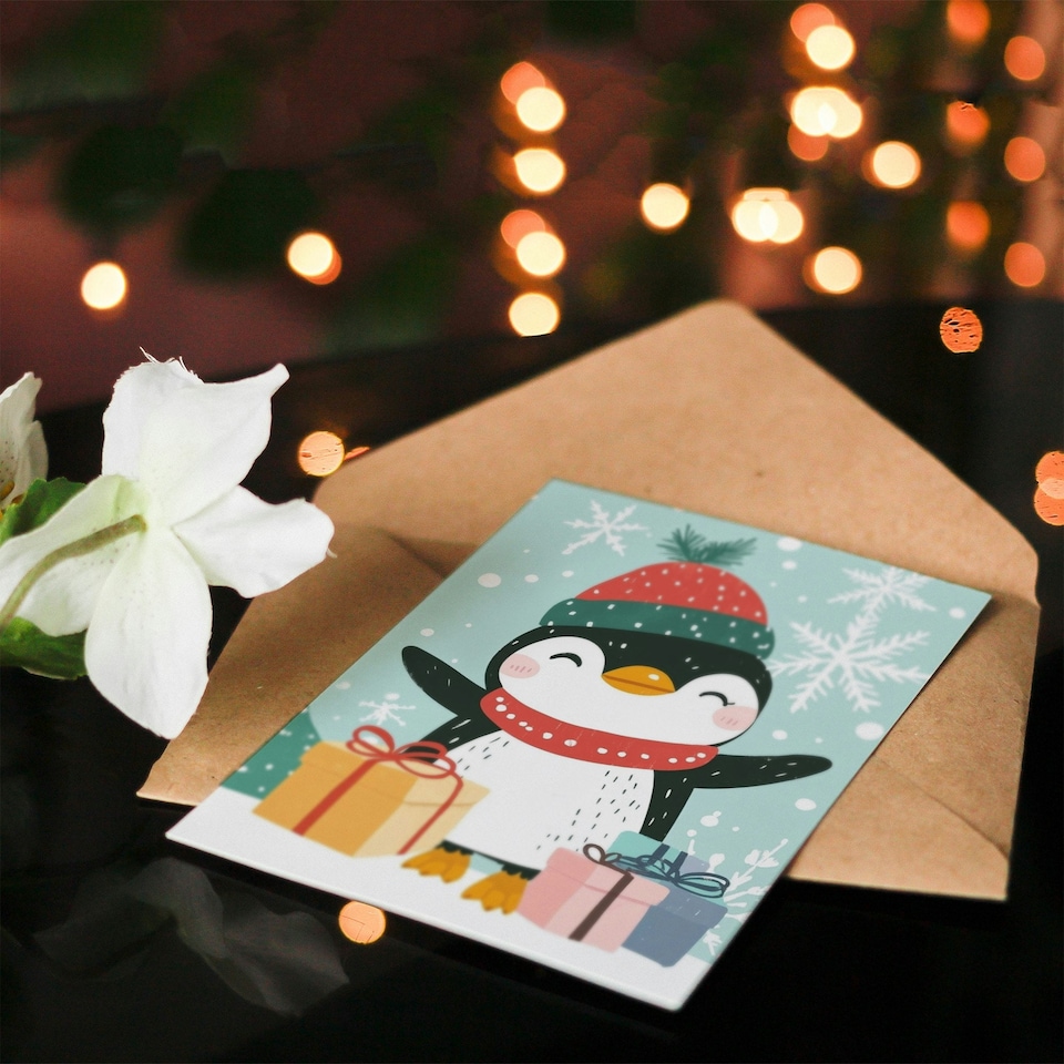 image 1 of Happy Penguin With Winter Hat And Presents For Child Kids Xmas Festive Christmas Card