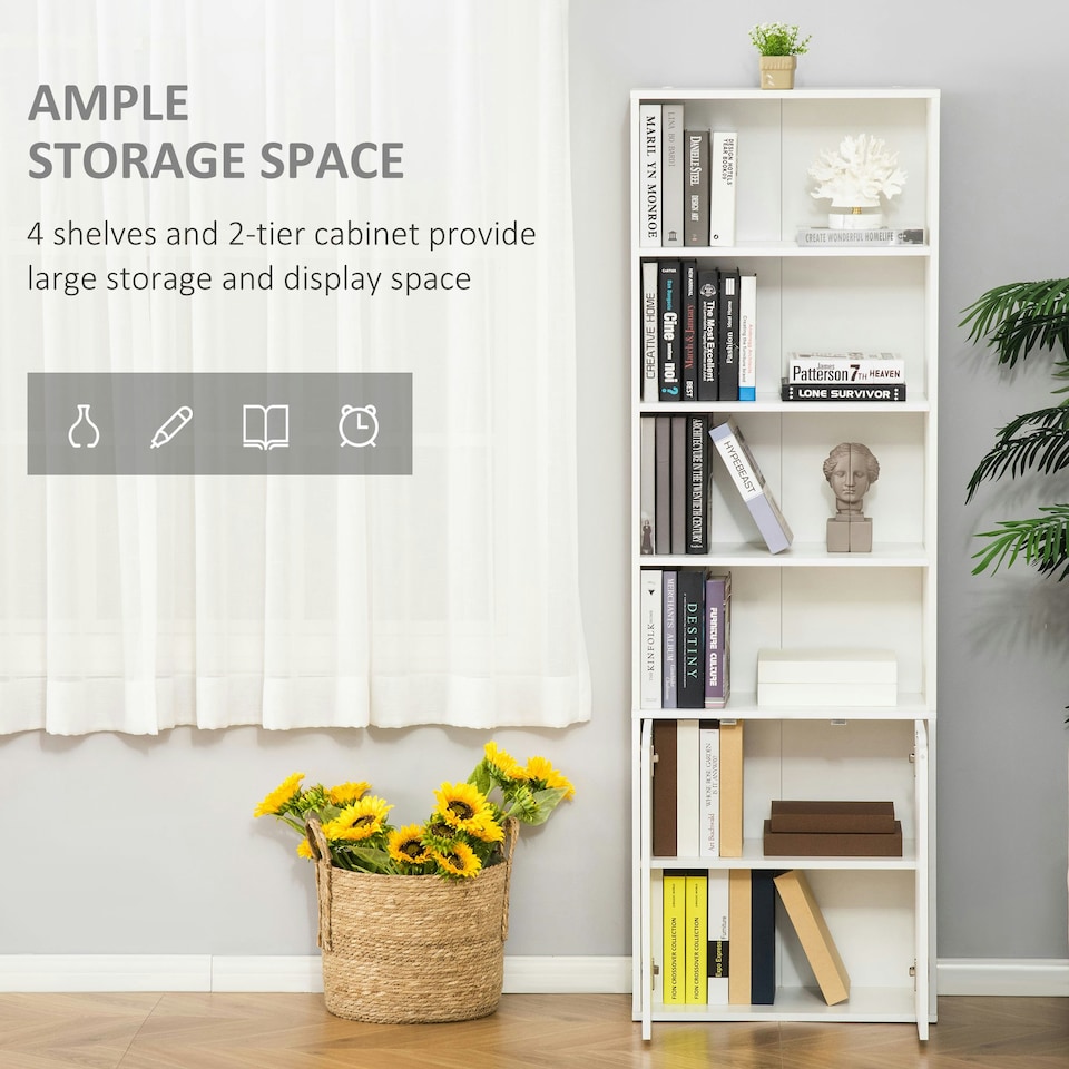 image 1 of HOMCOM 2 Door 4 Shelves Bookcase Wooden Storage Cabinet White