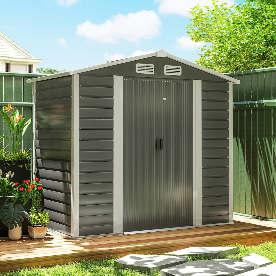 image 1 of Outsunny 7 x 4ft Upgraded Metal Shed with Lock, Easy to Assemble, Dark Grey