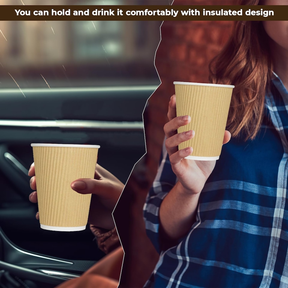 image 1 of ECONX 12oz Kraft Disposable Coffee Cups Ripple Wall Insulated Paper Cups 50pc