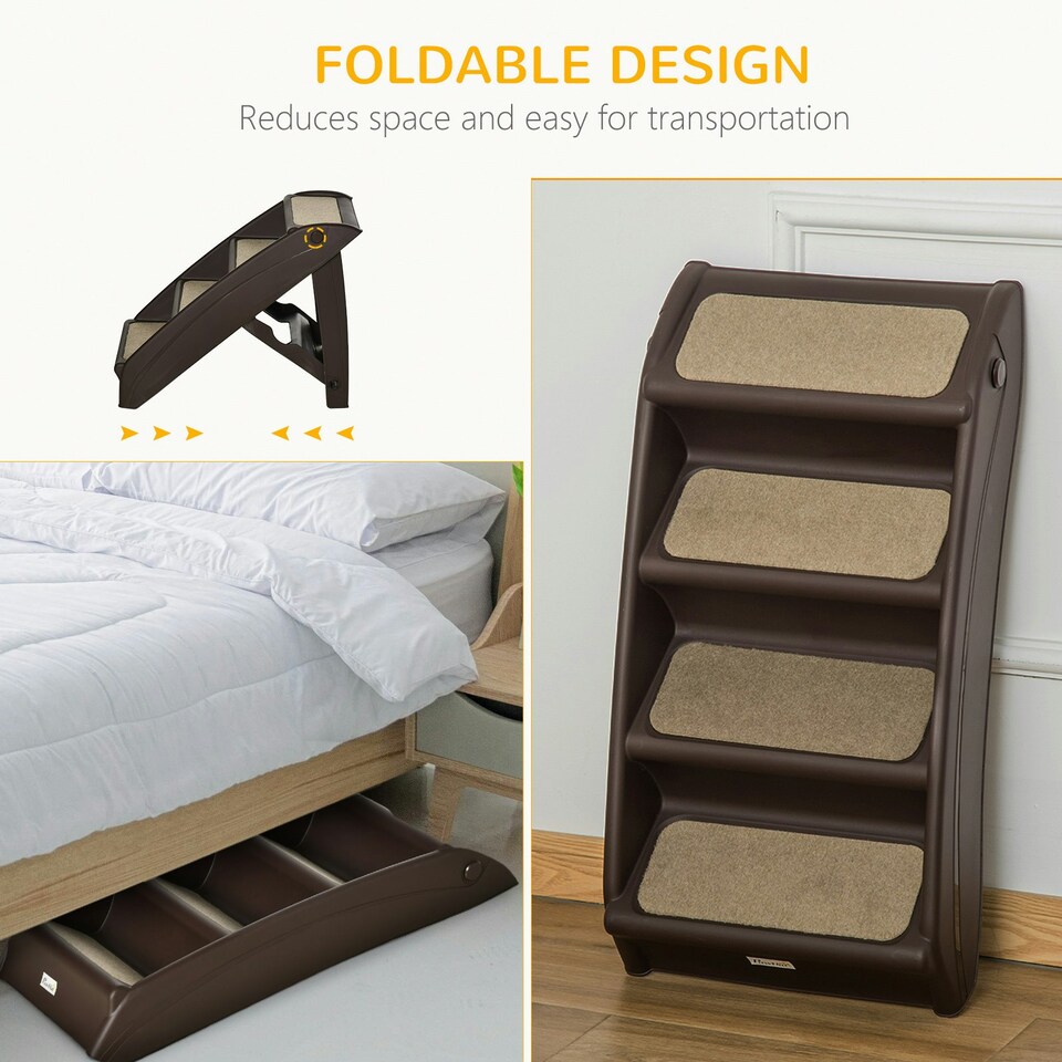 image 1 of PawHut Four-Step Foldable Pet Stairs w/ Non-Slip Mats, for S, XS Dogs - Brown