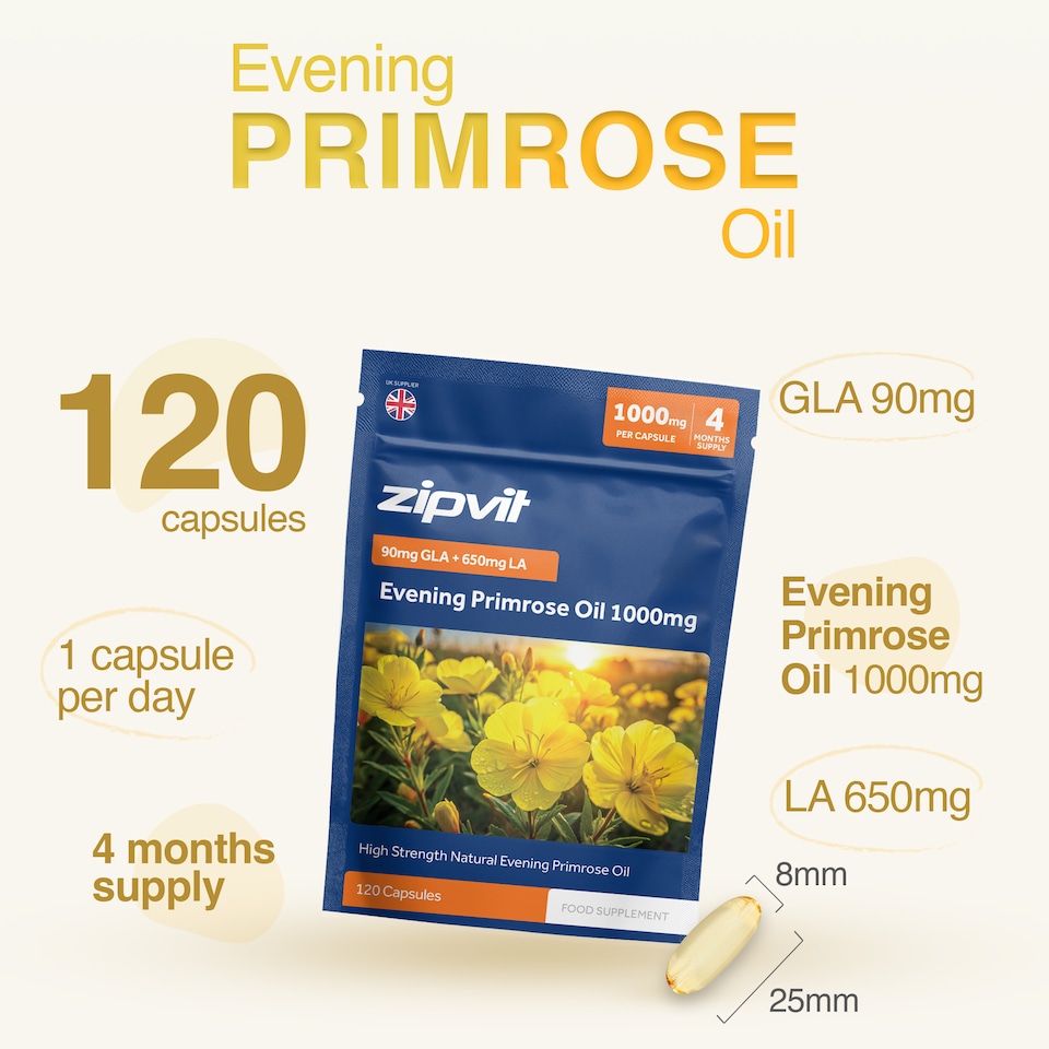 image 1 of Zipvit Evening Primrose Oil 1000mg, Cold-Pressed, High in Omega 6, 120 Capsules, 4-Month Supply