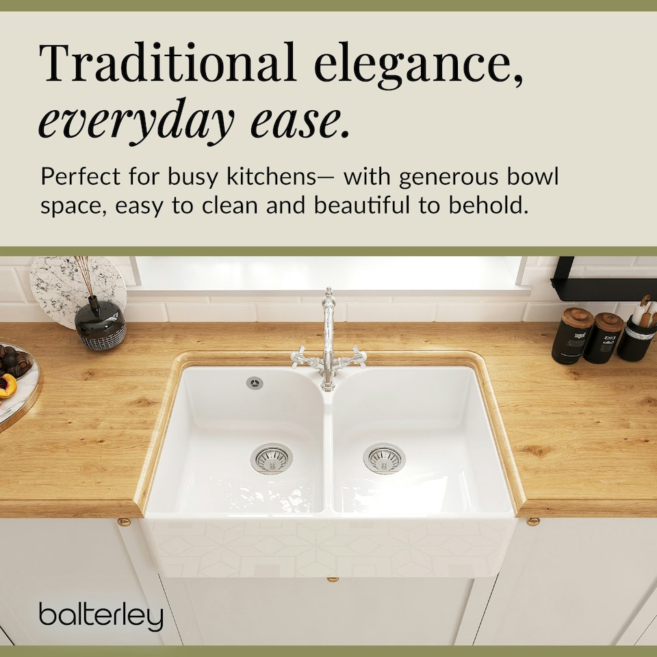 image 1 of Fireclay Kitchen Sink - 795mm Double Bowl Butler with Stepped Weir, Classic Tap and Wastes - Kitchen Bundle Set by Balterley