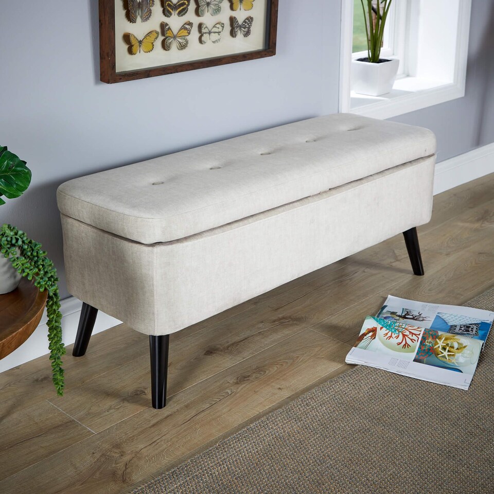 image 1 of Ottoman Box Velvet Fabric Hidden Storage Wooden Legs Home Living | Grey | Grey