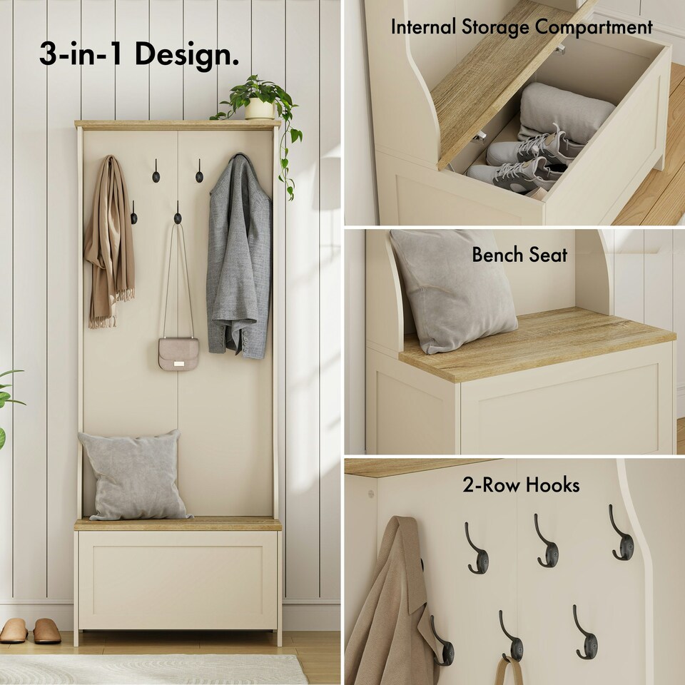 image 1 of VonHaus Hallway Unit Coat Stand with Shoe Storage Bench Cream | One Size