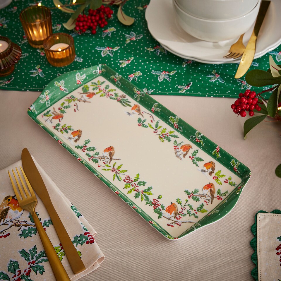 image 1 of Ulster Weavers Christmas Robins Tray - Small Green