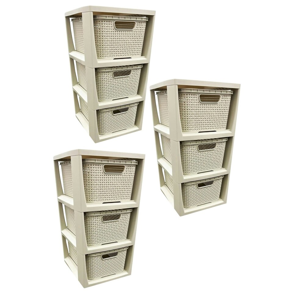 image 1 of 1 x 3 Drawer Cream Stylish Rattan Effect Commode Baskets Home Office Storage Unit Cream