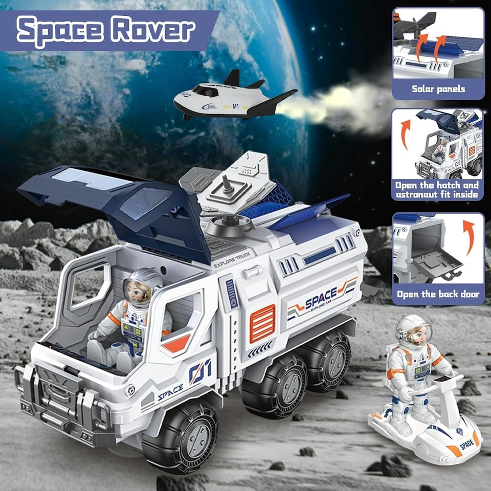 image 1 of Creative Space Adventure Toys for Kids Space Shuttle Rocket Set with Astronauts Rover Satellite and Solar System Mat