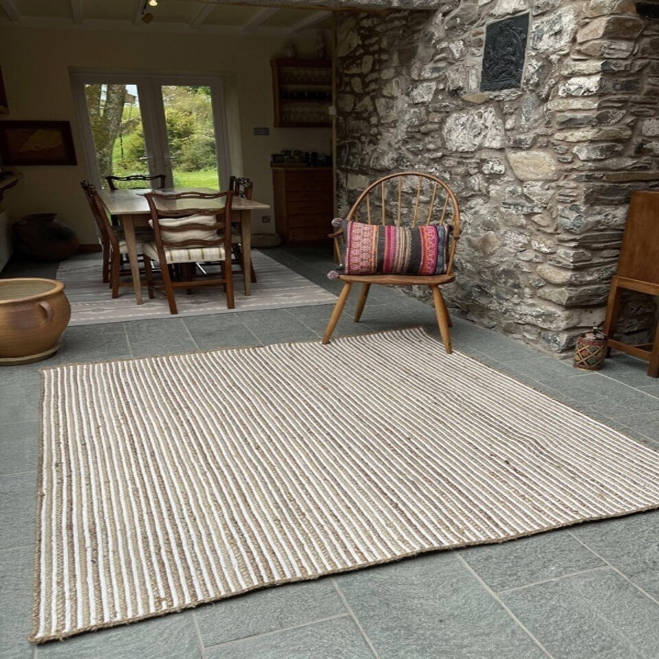 image 1 of CHAKKAR PALE Stripe Square Beige Hall Rug - Jute - L120 x W120 Brown
