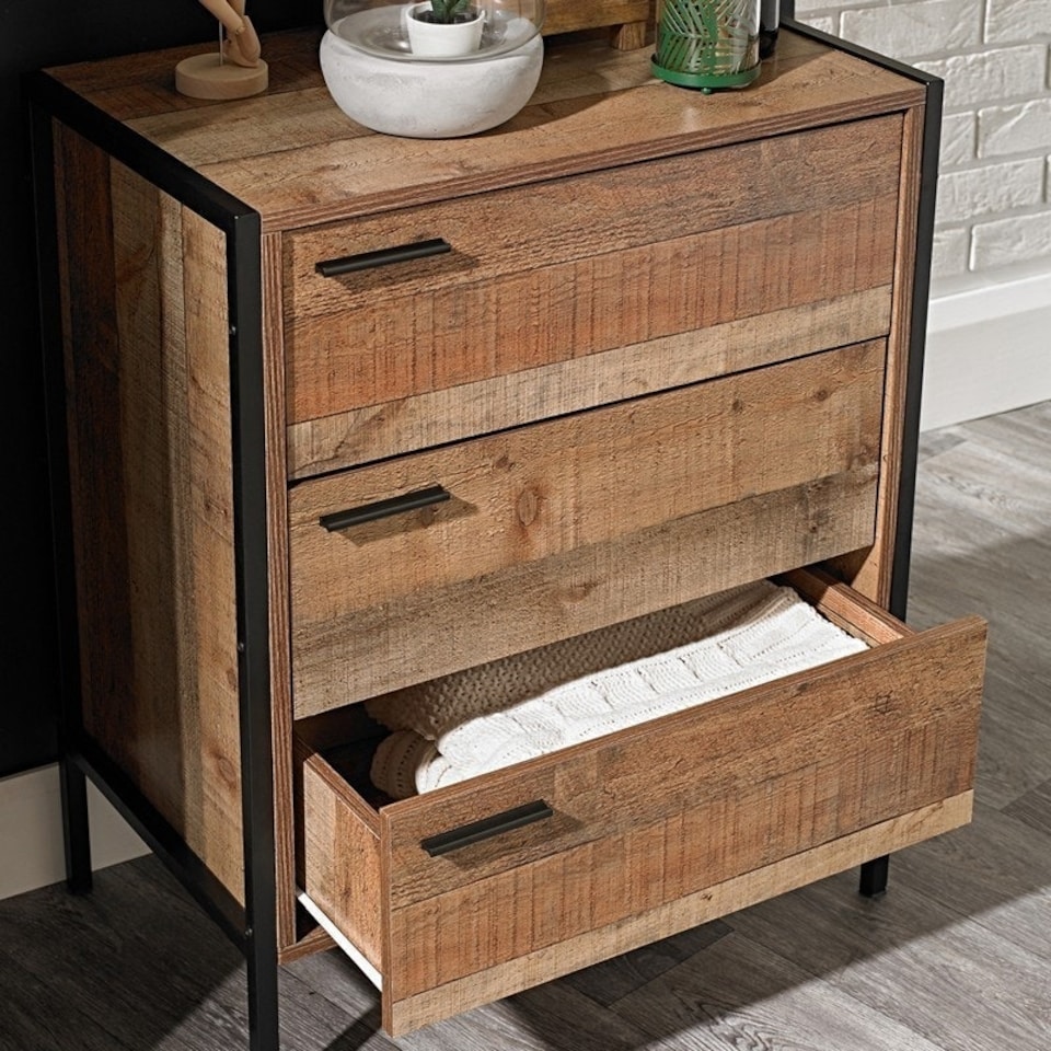 image 1 of Hoxton 3 Drawer Chest - Wood - L40 x W63.8 x H80 cm - Distressed Oak Effect