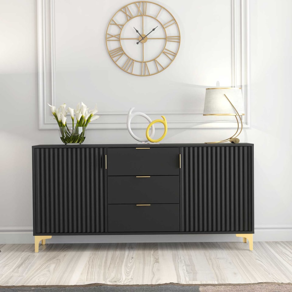 image 1 of Sideboard Cabinet Storage Cupboard Drawers Black Grooved Doors Loft Retro Industrial Living Dining Room Hallway Furniture 140cm