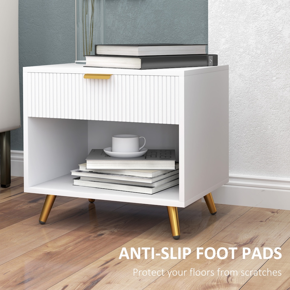 image 1 of HOMCOM Bedside Table, Bedside Cabinet With Drawer and Open Compartment, Nightstand With Handle for Bedroom, Living Room, White