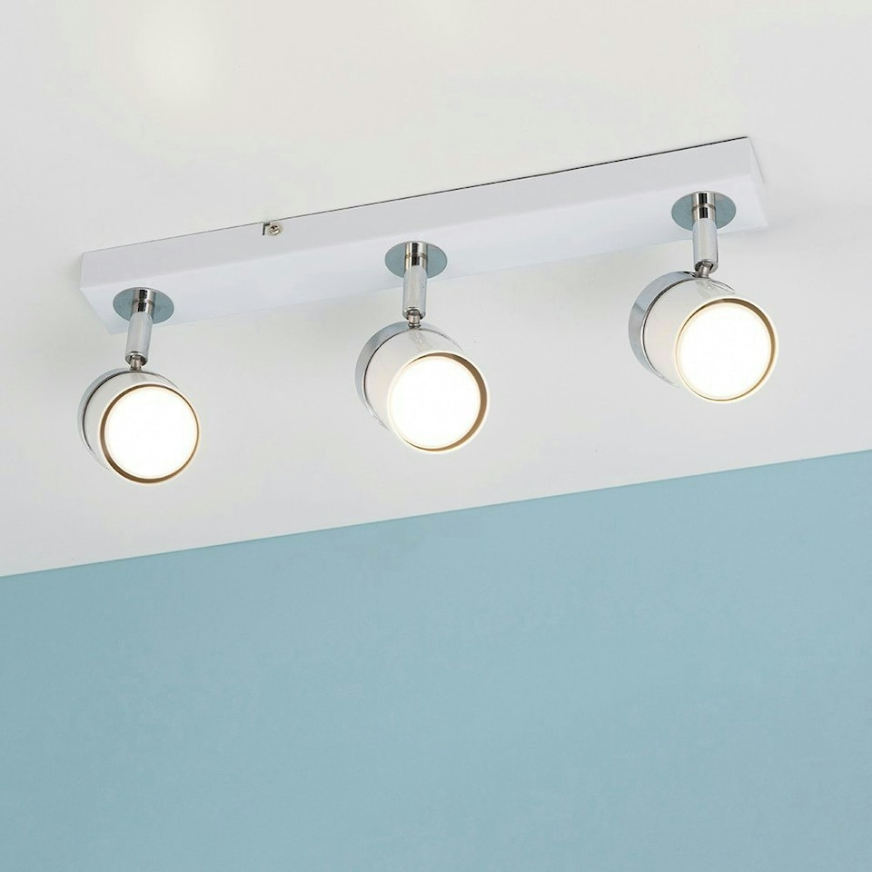 image 1 of ValueLights 3 Way Gloss White and Polished Chrome Straight Bar Ceiling Spotlight - with 3 x 5W Warm White GU10 LED Bulbs White