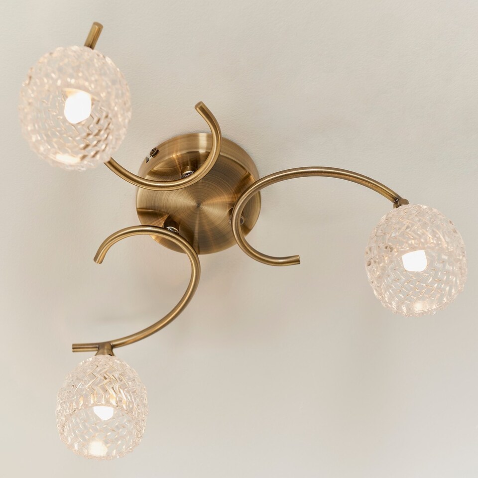 image 1 of Boyer 3 Light Semi Flush Multi Arm Ceiling Light Antique Brass, Glass, G9