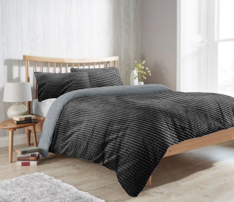 Maine Check Fluffy Fleece Duvet Set in Grey - Double | Grey | Grey | Double