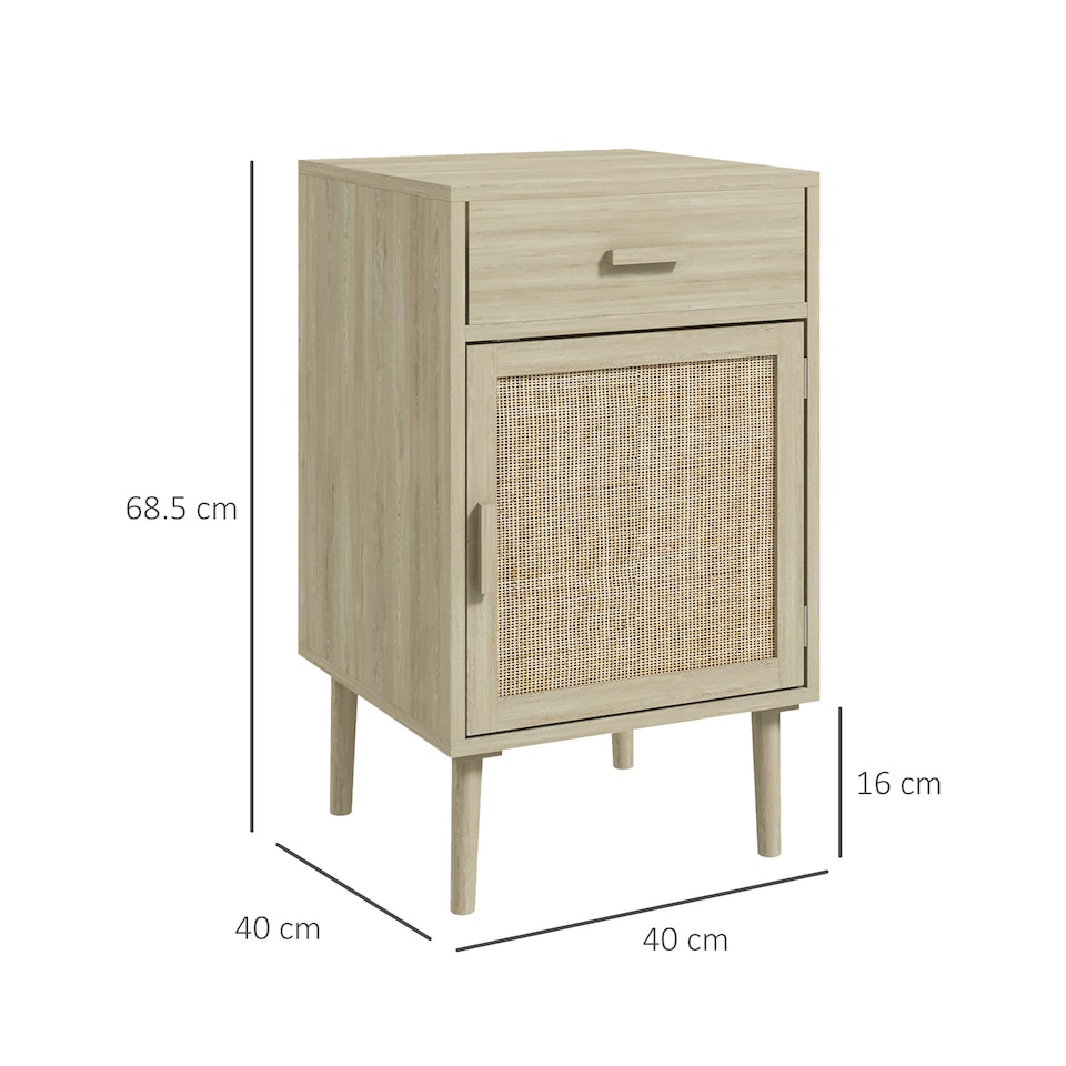 image 1 of HOMCOM Bedside Table Set of 2, Rattan Side Tables with Drawer, Cabinet and Adjustable Shelf, Boho Bedside Cabinet with Storage for Bedroom, Living Room, Natural Wood Effect