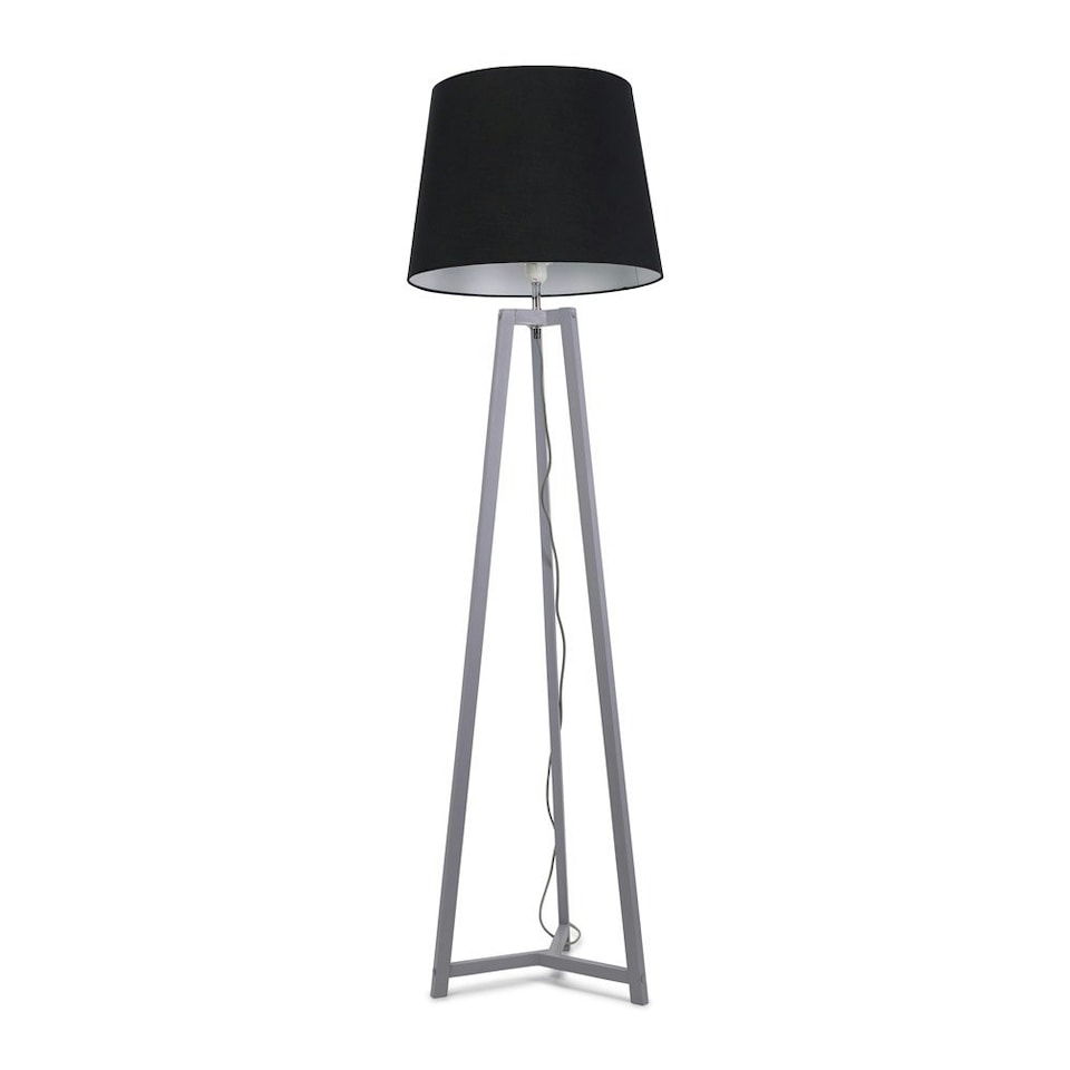 image 1 of ValueLights Lottie Grey Wood Tripod Floor Lamp with Black Fabric Tapered Shade and LED Bulb