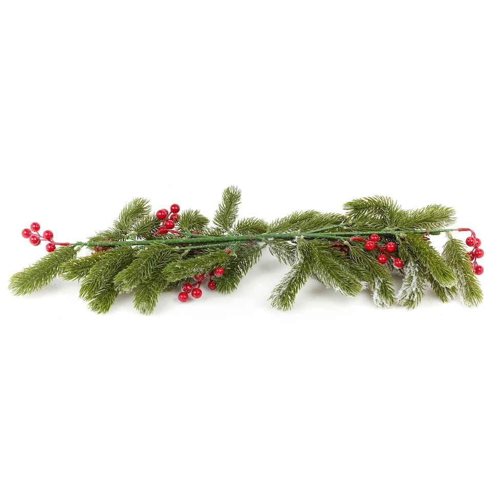 image 1 of 76cm Snowy Christmas Branch Flocked Pine Cone Red Holly Berries Pick Xmas Decor | Multi | 2