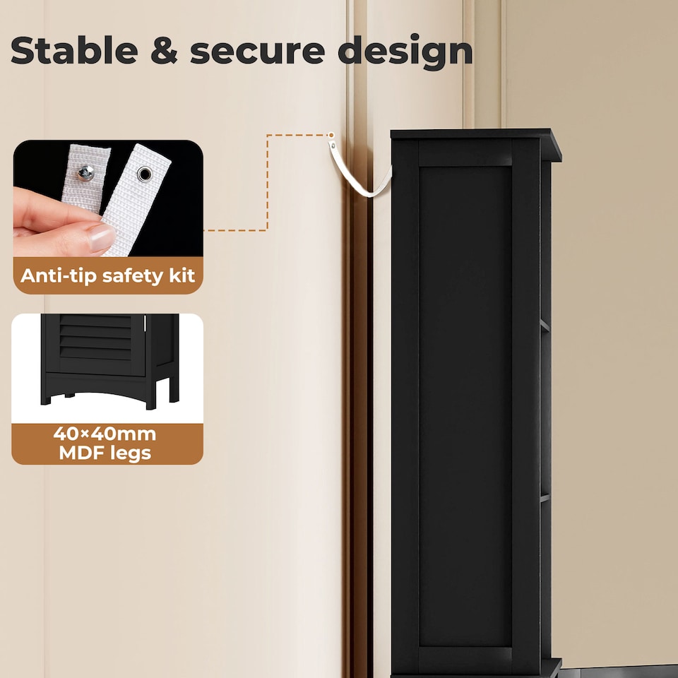 image 1 of Levede Tall Bathroom Cabinet Freestanding Slim Bathroom Storage Cupboard Unit | Black | Black