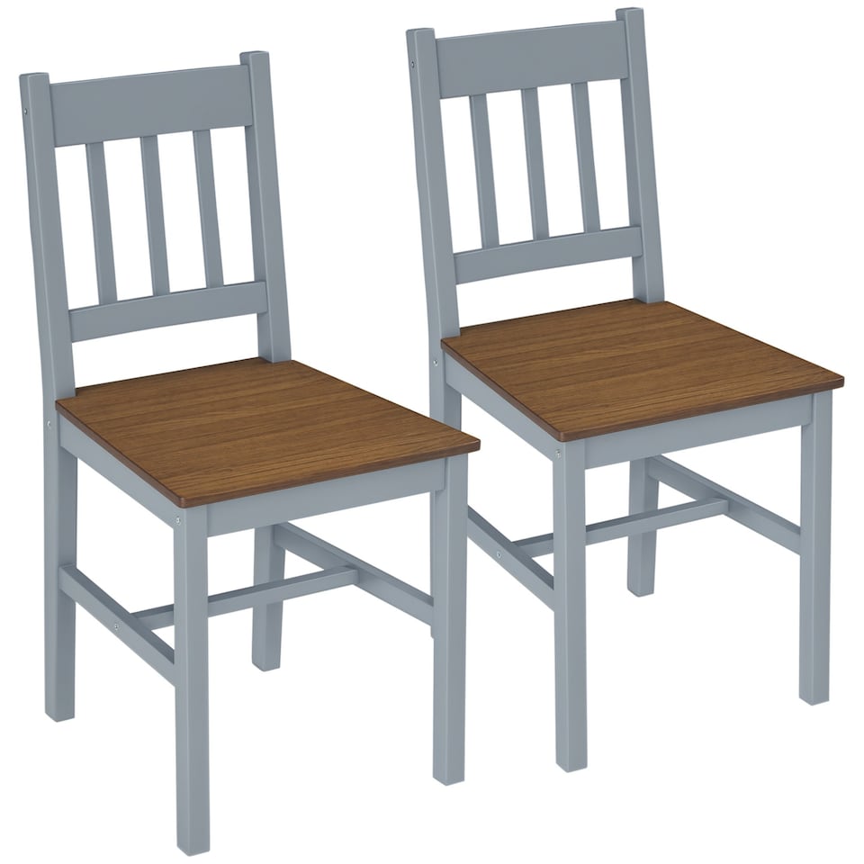image 1 of HOMCOM Dining Chairs Set of 2, Pine Wood Frame, Slat Back for Kitchen Grey
