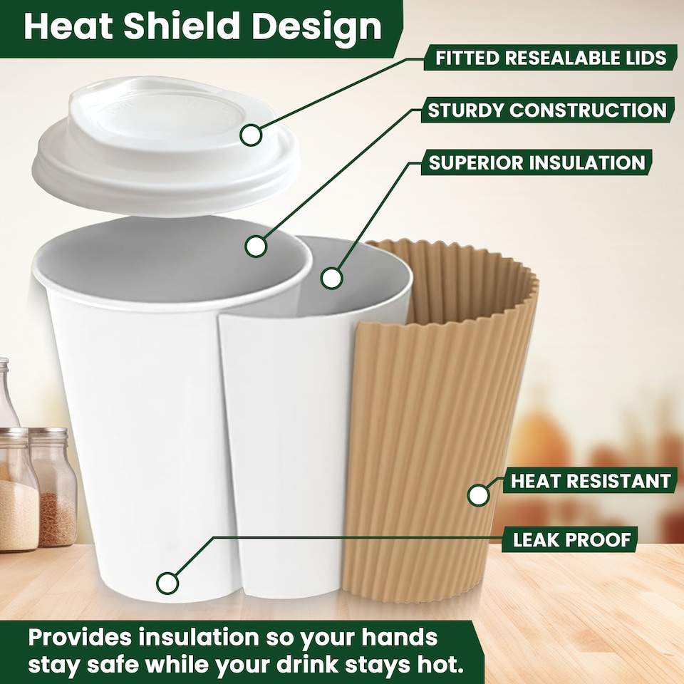image 1 of ECONX 8oz Kraft Disposable Coffee Cups With White Lid Ripple Insulated Paper Cups 100pc